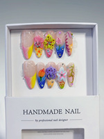 Uñas Acrílicas Postizas Hechas a Mano con Flores 3D Coloridas, Uñas Almendradas con Degradado Arcoíris, Decoración con Anillos Metálicos y Dijes de Diamantes de Imitación