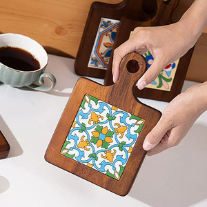 Walnut Wood Patterned Tile <b>Placemat</b> Square Enamel Design With Handle <b>For</b> Home <b>Table</b> Use - Product Image 2