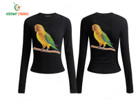 Trajets verdoyants. T-shirt à manches courtes pour femme, imprimé lettres multicolores et sequins perroquet, fabriqué en Chine, idéal pour l'été