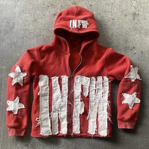 <b>Dropshipping</b> Custom high quality Men 500 Gsm Distressed Applique Patch Embroidery Acid Wash Zip up Hoodie - Product Image 3