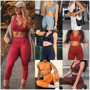 Leggings côtelés de Yoga pour femmes, tenue de sport, 2 pièces, short d'entraînement, de Fitness, taille haute, sans couture - Product Image 3