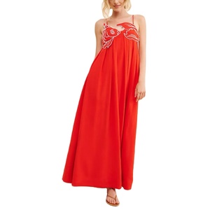 Vestido Midi de Verano en Oferta para Mujer, Cintura Alta, Sin Tirantes, Bordado Floral, Tirantes Finos, Diseño Hueco, Lino Personalizado, OEM Personalizable - Product Image 1