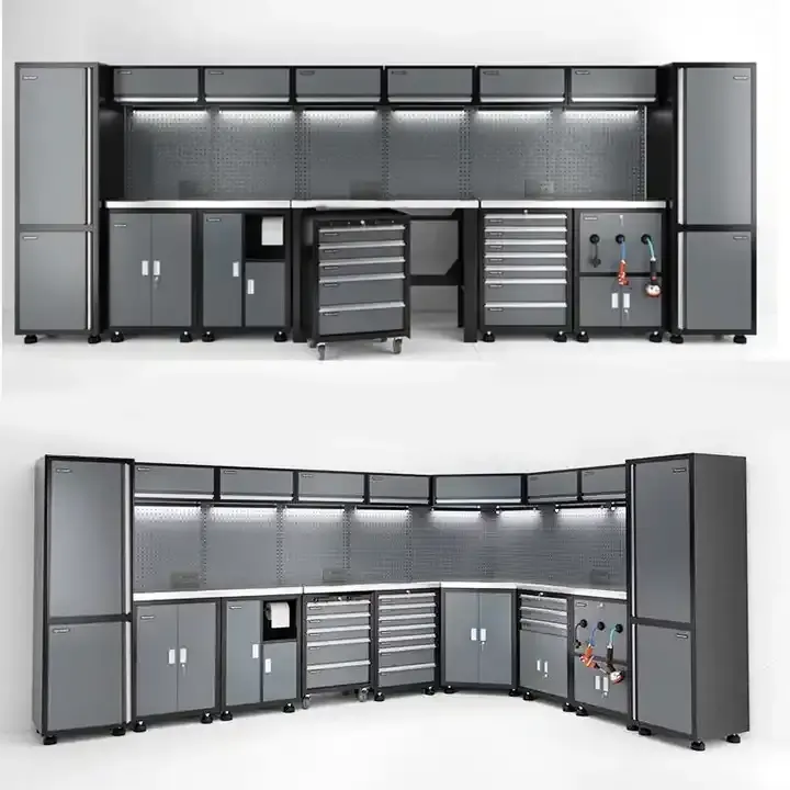 Poste de travail modulaire pour garage avec établi en acier métallique robuste, armoires de rangement à 7 tiroirs pour rangement d'outils de garage