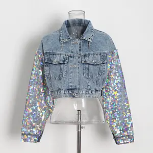 Jaqueta jeans feminina personalizada, casaco de algodão com lantejoulas elegante, com botão único, mangas compridas, primavera/outono, 2021