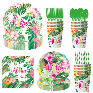 Ensemble de vaisselle pour fête hawaïenne, 60-80 pièces, décorations d'anniversaire, plastique, papier, respectueux de l'environnement, impression numérique ronde - Product Image 4