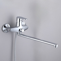 Robinet de douche mural à col long en laiton chromé contemporain, mitigeur à poignée unique, pomme de douche à effet pluie douce, accessoires de salle de bain modernes pour