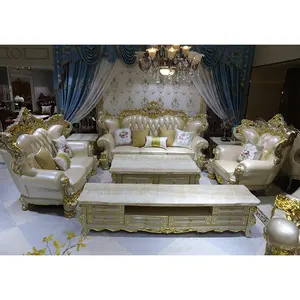 7座金色实木切斯特菲尔德沙发套装欧洲古典风格100% 米白色米色皮革客厅公寓