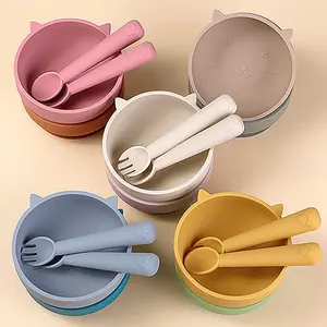Non-Slip BPA Free Food Grade Children Toddle Training Baby Custom Silicone Suction Bowl Plate Spoon Feeding Set For Kid Baby