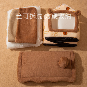 เตียงสัตว์เลี้ยงทรงสี่เหลี่ยมหมอน้องหมีสีน้ำตาล เตียงสุนัขซักได้ ใช้ได้ทุกฤดู - Product Image 1