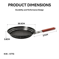 Panier de barbecue pliable en acier au carbone rond de 12 pouces avec revêtement antiadhésif, placage en chrome et poignée en bois