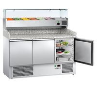 Mesa de Preparación Refrigerada para Pizza Gastro GGM ECO-1400x700mm, Triple Puerta, Eficiencia Energética A++, Temperatura Digital +4°C +10°C