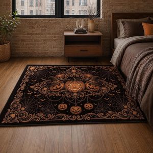 Tappeto morbido antiscivolo con stampa di lanterne di Halloween, teschio, pipistrello, ragnatela e zucca, per soggiorno, camera da letto, decorazioni per la casa - Product Image 4