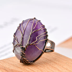 Bague en pierre naturelle avec arbre de vie, anneau réglable, fait à la main, style rétro, Vintage, fil de cuivre, ovale, pierres précieuses, cristal de guérison - Product Image 6