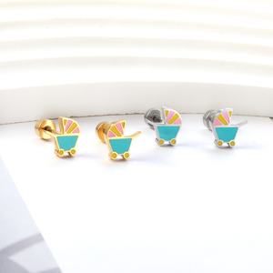 Harmless Waterproof Stainless Steel 18K Gold Plated Cute <b>Toys</b> Car Plane Girls Babe Earrings - Product Image 3