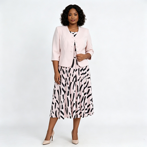 Ensemble élégant deux pièces pour femmes grandes tailles, veste en crêpe avec robe midi à imprimé géométrique, tenue de soirée printemps - Product Image 3