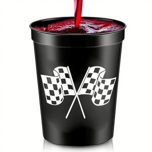 OEM 16oz Black and White Checkered Flag <b>Plastic</b> <b>Drinkware</b> Set with Straws for Kids Race Car Birthday Party Cups - Product Image 3
