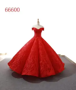 Red V-neck lace off- shoulder evening dress lace big ball gown bride dress for wedding & party