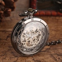 Montres de poche mécaniques manuelles transparentes en bronze/noir, squelette, avec chaîne de suspension, à remontage manuel, pendentif