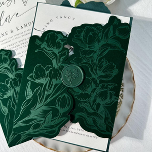 Couvertures d'invitation de <span class=keywords><strong>mariage</strong></span> personnalisées de luxe en velours <span class=keywords><strong>bordeaux</strong></span> avec impression typographique florale, enveloppes florales pour cartes d'invitation avec sceau de cire - Product Image 6