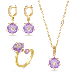 Wholesale Crystal Plum Blossom Rings Necklaces Earring <b>Sets</b> S925 Sliver 18K <b>Gold</b> Plated Flower <b>Jewelry</b> <b>Set</b> - Product Image 1