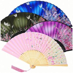 Lady's Folding Hand Fan Retro Chinese Bamboo <b>Silk</b> for Hot Flash Church Decoration EDM Music Festival Grey <b>Red</b> Buds - Product Image 4