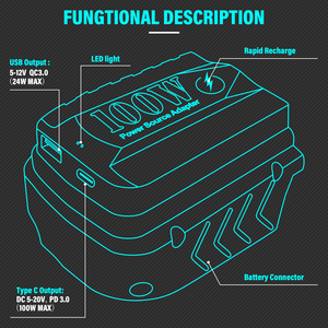 Adaptateur de chargeur 2 en 1 100W compatible avec les batteries au lithium <span class=keywords><strong>Makita</strong></span> <span class=keywords><strong>18V</strong></span>, chargeur portable à deux ports USB pour plusieurs appareils - Product Image 6