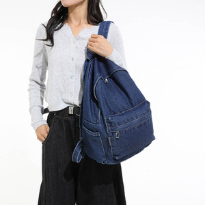 Retro Washed Denim <b>Backpack</b> <b>Large</b> Capacity Vintage Style Women's School College Casual Daypack - Product Image 2