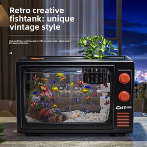 Petit aquarium rétro en forme de téléviseur avec filtre intégré et générateur d'oxygène, aquarium écologique pour poissons rouges, salon - Product Image 5