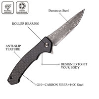 Poignée en fibre de carbone en acier damassé VG10 pliante pour la pêche portable à haute dureté, portant des couteaux EDC