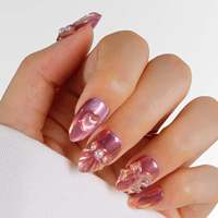 Faux ongles à presser en acrylique, forme amande, rose sirène aurore, avec motifs 3D coquillage, nœud, cœur et perle, pour rendez-vous, vacances, séances photo, fêtes et usage quotidien