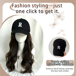 Perruque de 22 pouces de long, cheveux synthétiques lisses naturels, semi-nouée à la main, avec filet en maille rose, <span class=keywords><strong>style</strong></span> casquette de baseball, broderie lettre <span class=keywords><strong>R</strong></span>, <span class=keywords><strong>r</strong></span>églable, noire - Product Image 2