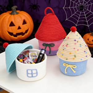 Cesta de Almacenamiento Tejida a Mano con Cuerda de Algodón y Tapa, Organizador de Escritorio con Forma de Casa para Juguetes, Cosméticos, Bocadillos, Decoración de Cuarto Infantil - Product Image 2