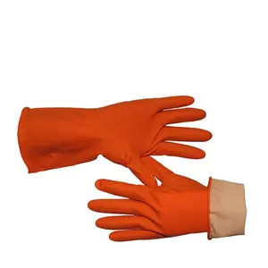 Custom Woman Orange Latex/Rubber Household Cleaning Gloves Luvas Dip Flock Liner Gloves Diamond Grip Roll Beaded Cuff