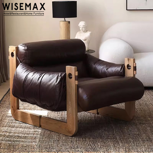 WISEMAX FURNITURE Chaise <span class=keywords><strong>de</strong></span> loisir en cuir marron <span class=keywords><strong>de</strong></span> style rétro français pour salon Canapé simple en cuir microfibre Fauteuil lounge avec accoudoirs - Product Image 2