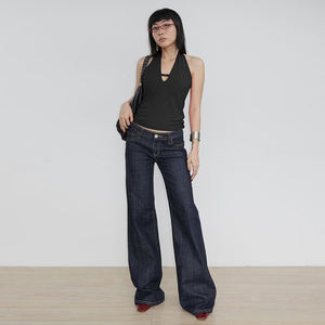 Y2K Vintage Women <b>Low</b> Rise <b>Flare</b> <b>Jeans</b> Back Pocket Embroidery Washed Denim Slim Fit Streetwear Casual Long Pants - Product Image 1