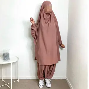 3351 Kuwii Lebaran sederhana Khimar Hijab Abaya 2 potong Jilbab Muslim gaun Dubai doa untuk wanita Turki Jilbab dengan celana
