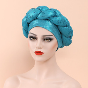 Pañuelo para la Cabeza Aso Oke Nigeriano de Última Moda para Mujer, Turbante Africano Trenzado, Gorro Musulmán con Pedrería - Product Image 5