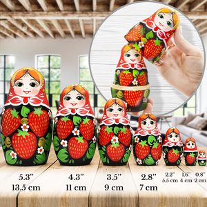 Ensemble de 7 poupées gigognes russes avec foulard rouge et robe à motif fraise, poupées gigognes Matryoshka faites à la main et peintes à la main - Product Image 4