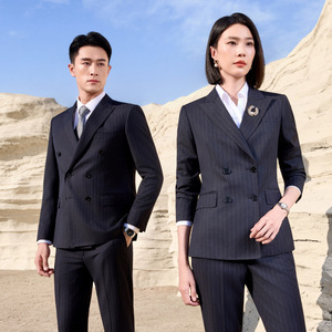 Navy Blue Striped Suit Unisex Professional Workwear Business Commute Spring 2026 Three Quarter Sleeves Polyester - Product Image 1
