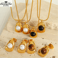 Parure Collier et Boucles d'Oreilles en Acier Inoxydable Plaqué Or 18K avec Pendentif Œil de Tigre Géométrie Irrégulière Zhongzhe, Tendance et Étanche