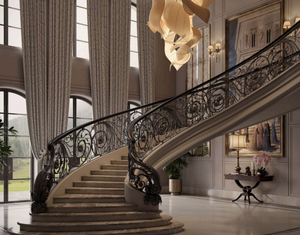 Rampe d'escalier en fer forgé courbé de luxe, balustrade décorative en métal à motifs, main courante personnalisée pour grande escalier de villa - Product Image 3