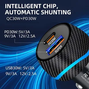 Chargeur de voiture double port 60W style fibre de carbone USB C PD 30W QC3.0 Charge rapide Adaptateur allume-cigare Chargeur de voiture - Product Image 4