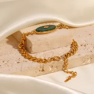 Retro Jewelry 18k Gold Plated Stainless Steel Jewelry Waterproof Cuban Chain African Stone Jade Bracelet