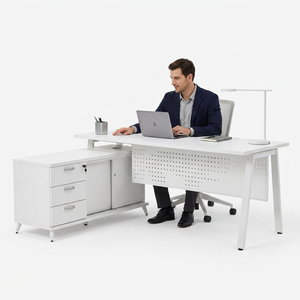 Modern White Office <b>Desk</b> with Storage Cabinet Freestanding <b>Computer</b> <b>Desk</b> for Home Office Minimalist Design Metal Frame - Product Image 2