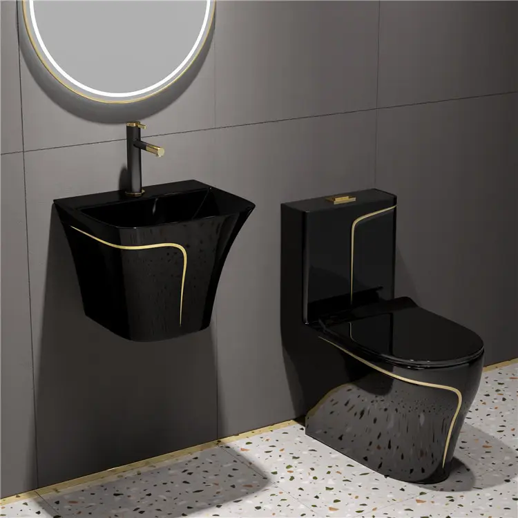 Luxury Bathroom Inodoro Sanitary Ware Wc One Piece Ceramic Toilet And Sink Set Bathroom Black Gold Color Toilet Bowl