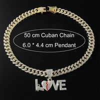 Nouvelle Chaîne Cubaine Large de 13 mm Or et Argent avec Pendentif Lettre LOVE Hip Hop en Alliage de Zinc et Strass Entièrement Sertis, Collier Ras du Cou