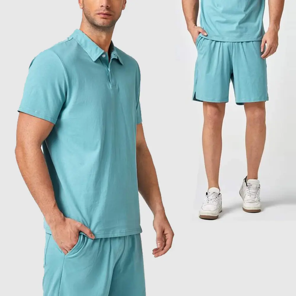 Wholesale 100% Cotton Men's Summer Shorts Set Formal Suits Golf Polo Shirts Men Two Piece T Shirt Shorts Set