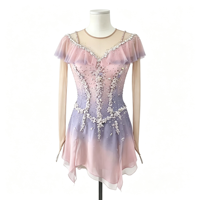 Robe de patinage artistique rose et violette dégradée avec strass, volants et maille, pour femmes et filles