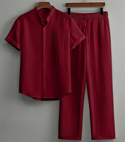 Ensemble chemise et short décontracté d'été pour homme, en polyester 100% respirant, tissé froissé, à manches courtes, deux pièces, coupe ample, sans coutures