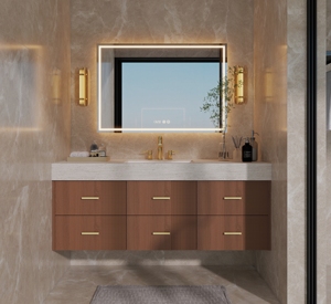 Modern Dark Walnut Wall Hung <b>Bathroom</b> Furniture with Textured Fluted Drawers Undermount and Touch LED <b>Light</b> <b>Mirror</b> - Product Image 1